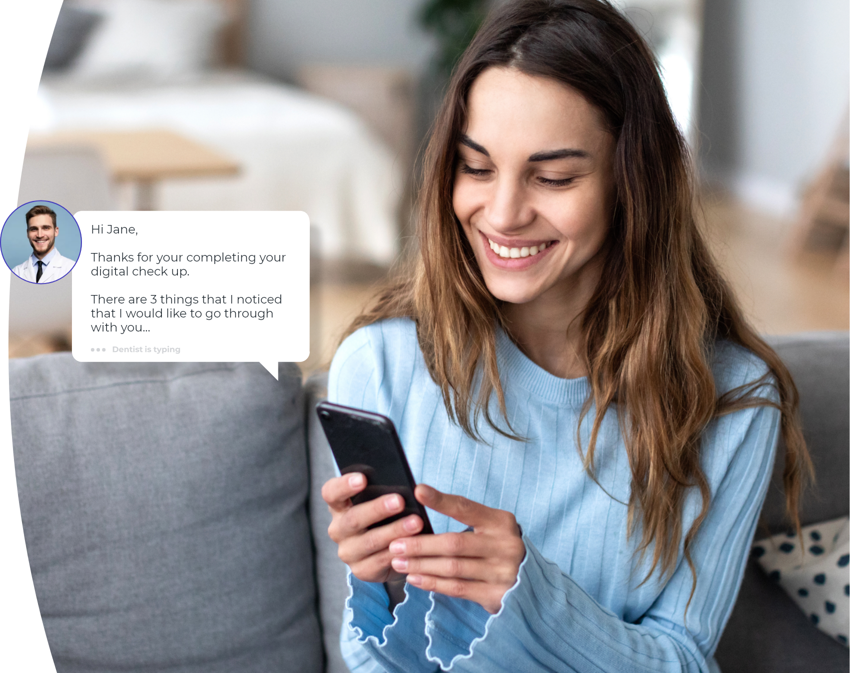 Hero image Cheerful young woman using mobile phone while sitting on a couch at home